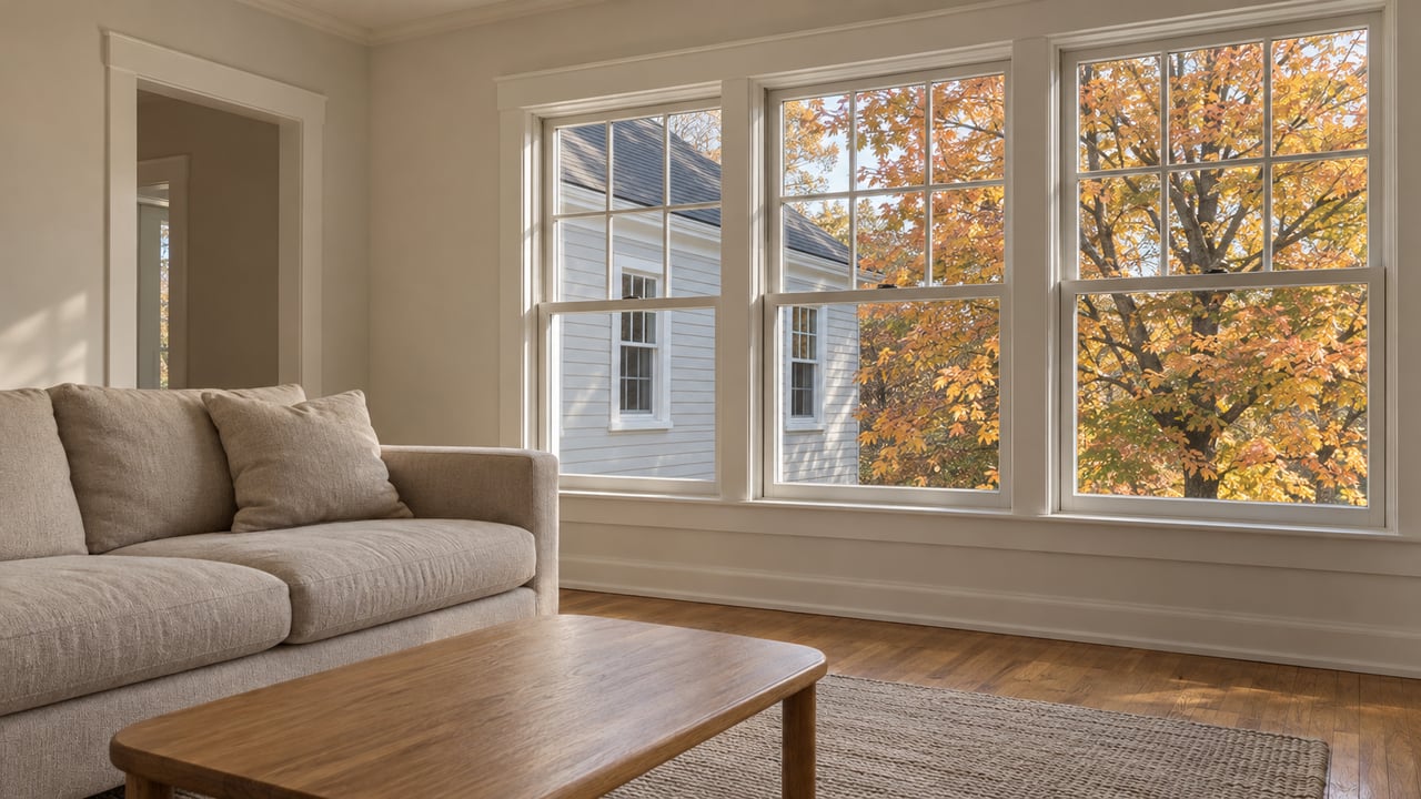 Daylit living room with an oatmeal sofa, oak flooring and divided-light windows overlooking orange maple leaves and pale siding.