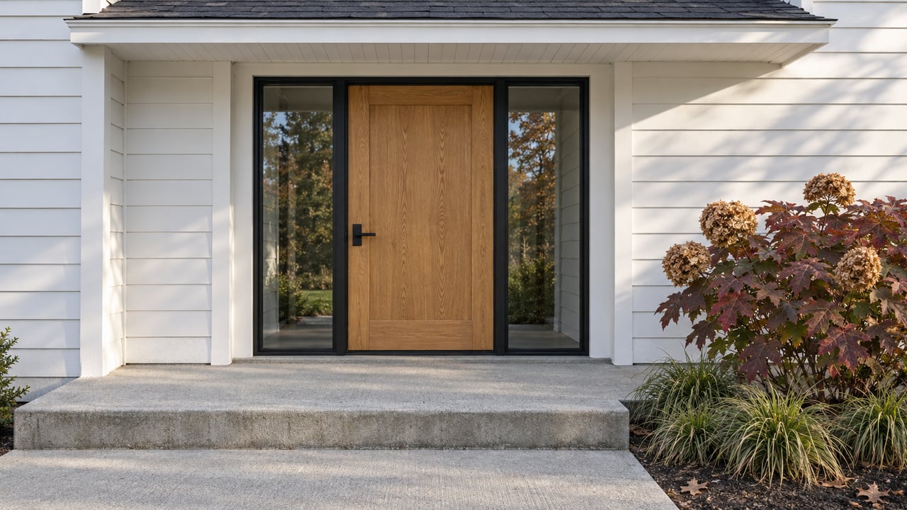 White-sided home entry with a warm oak door, paired black-framed sidelights, concrete steps and burgundy oakleaf hydrangea.