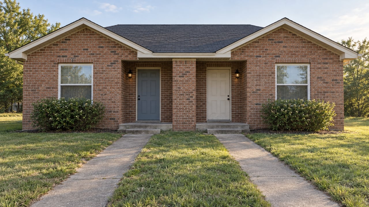 Brick duplex with twin gables, two blue-and-ivory doors, paired windows, concrete walks, and a front lawn.