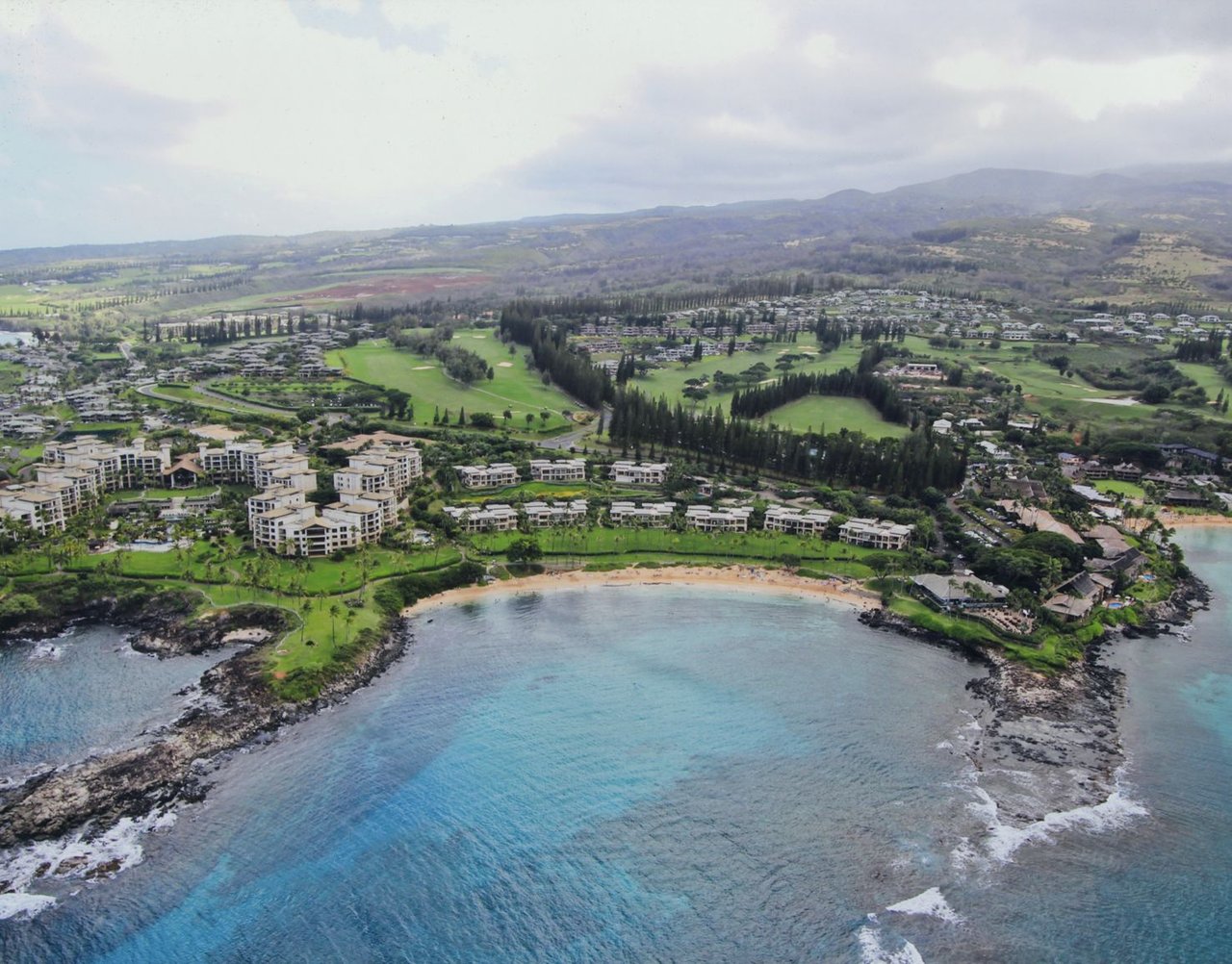 helicopter photo of kapalua bay, and surrounding condos and land