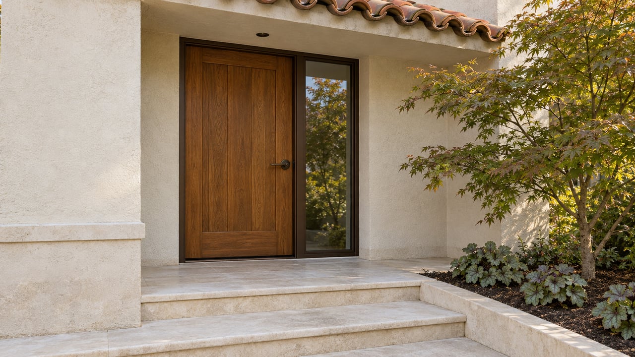 Recessed oak entrance with a bronze-framed sidelight, pale limestone steps, warm white stucco and a small Japanese maple.