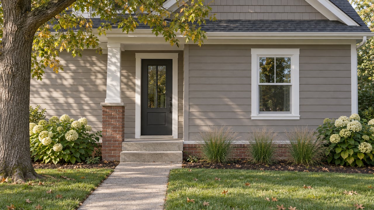 Taupe-sided home with a glazed front door, brick porch pier, concrete walkway, hydrangeas, and an oak tree.