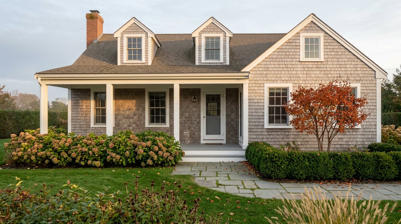 Weathered shingle house with white-trimmed dormers, bronze hydrangeas, orange-red tree leaves, and a bluestone garden path.