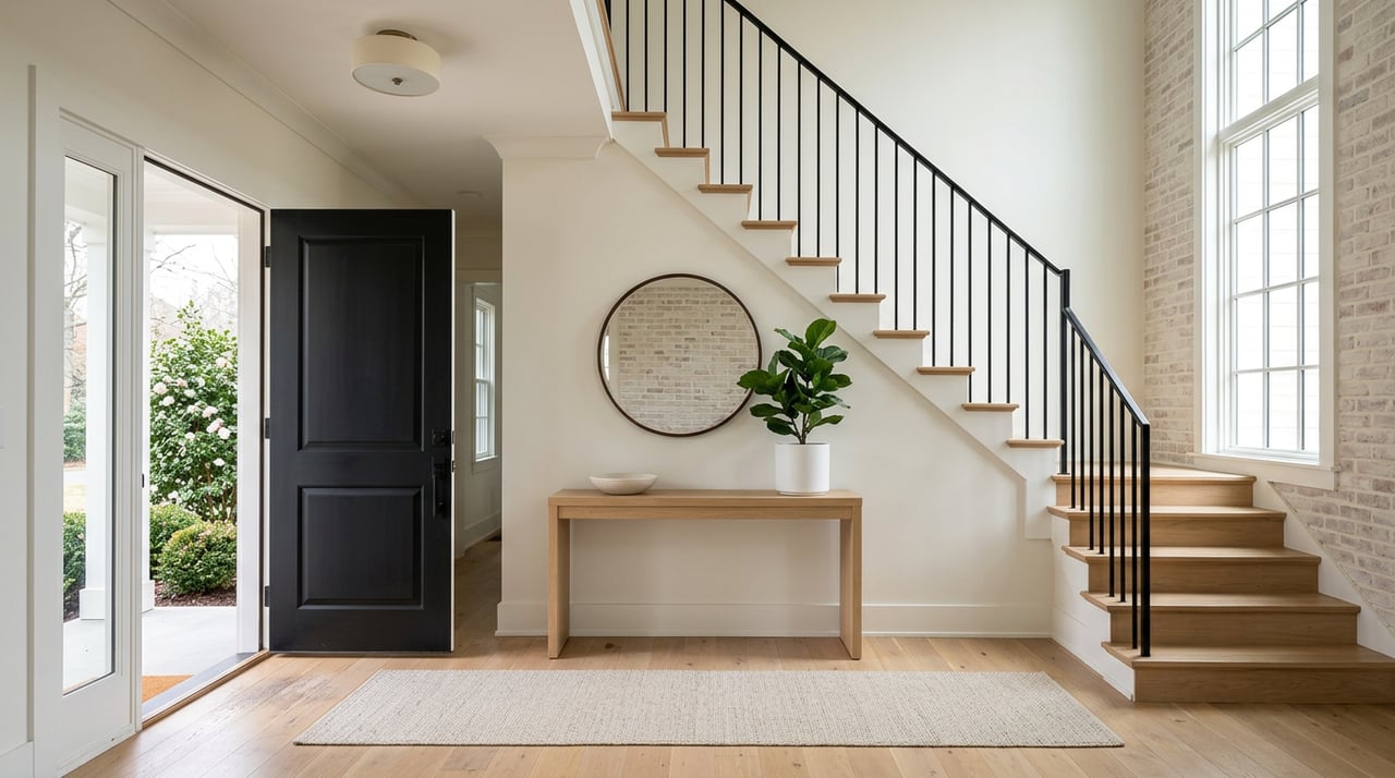 Seller-ready foyer with a limewashed brick accent wall, black metal stair detail, and planting beyond the sidelight.