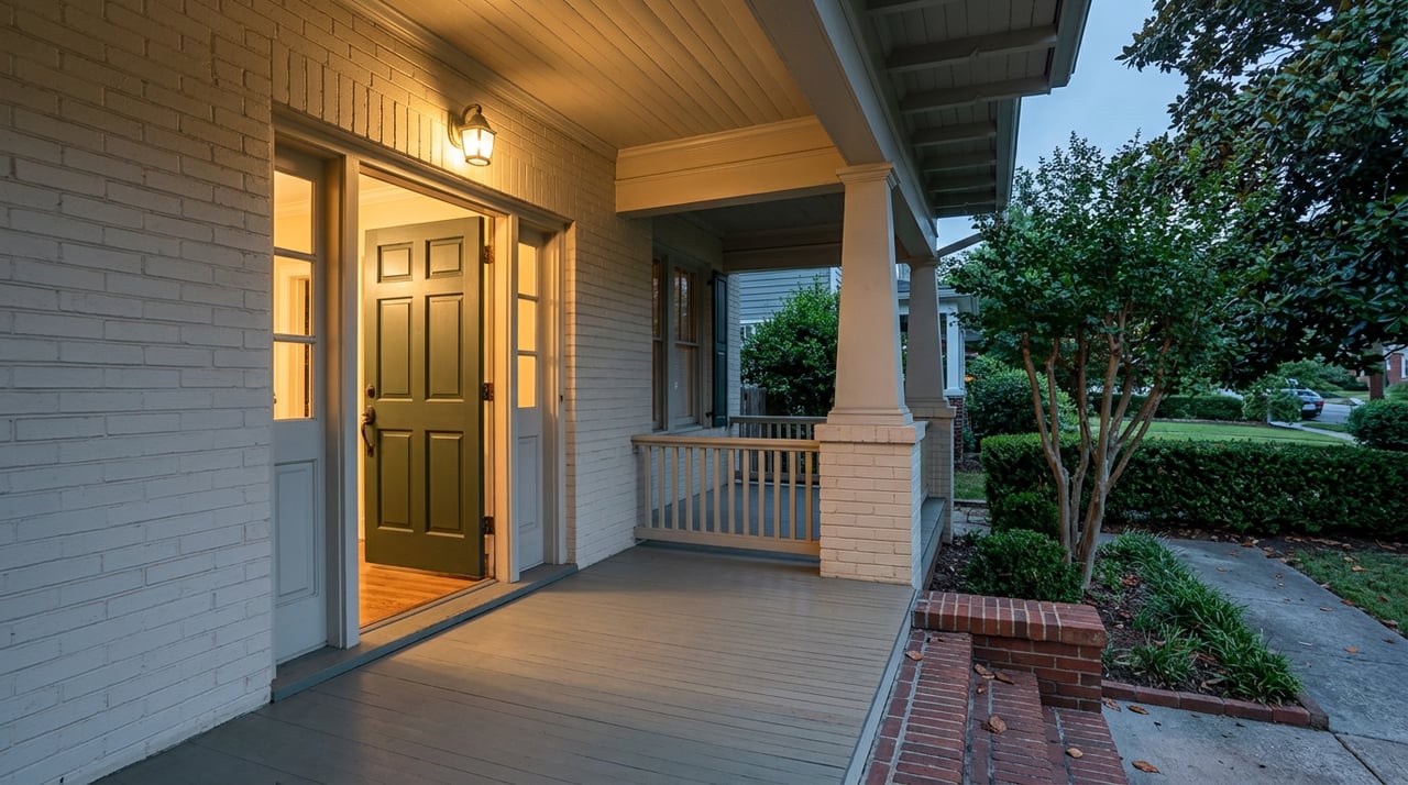 Open green front door frames a covered porch, brick steps, crape myrtle, and clipped boxwood at dusk.
