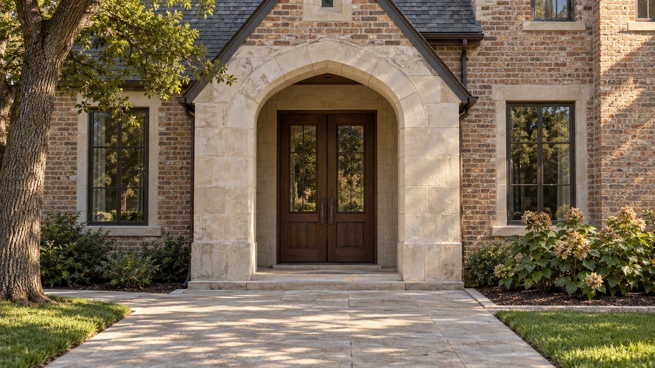 Warm brick estate entry with a cream limestone arch, paired walnut doors, and an oak-shaded stone approach.
