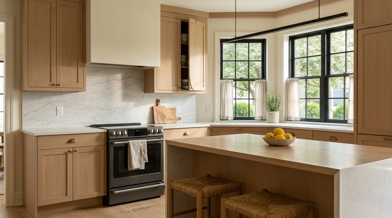 White-oak kitchen with a quartz island, marble backsplash, graphite range, and corner windows framing a serviceberry tree.