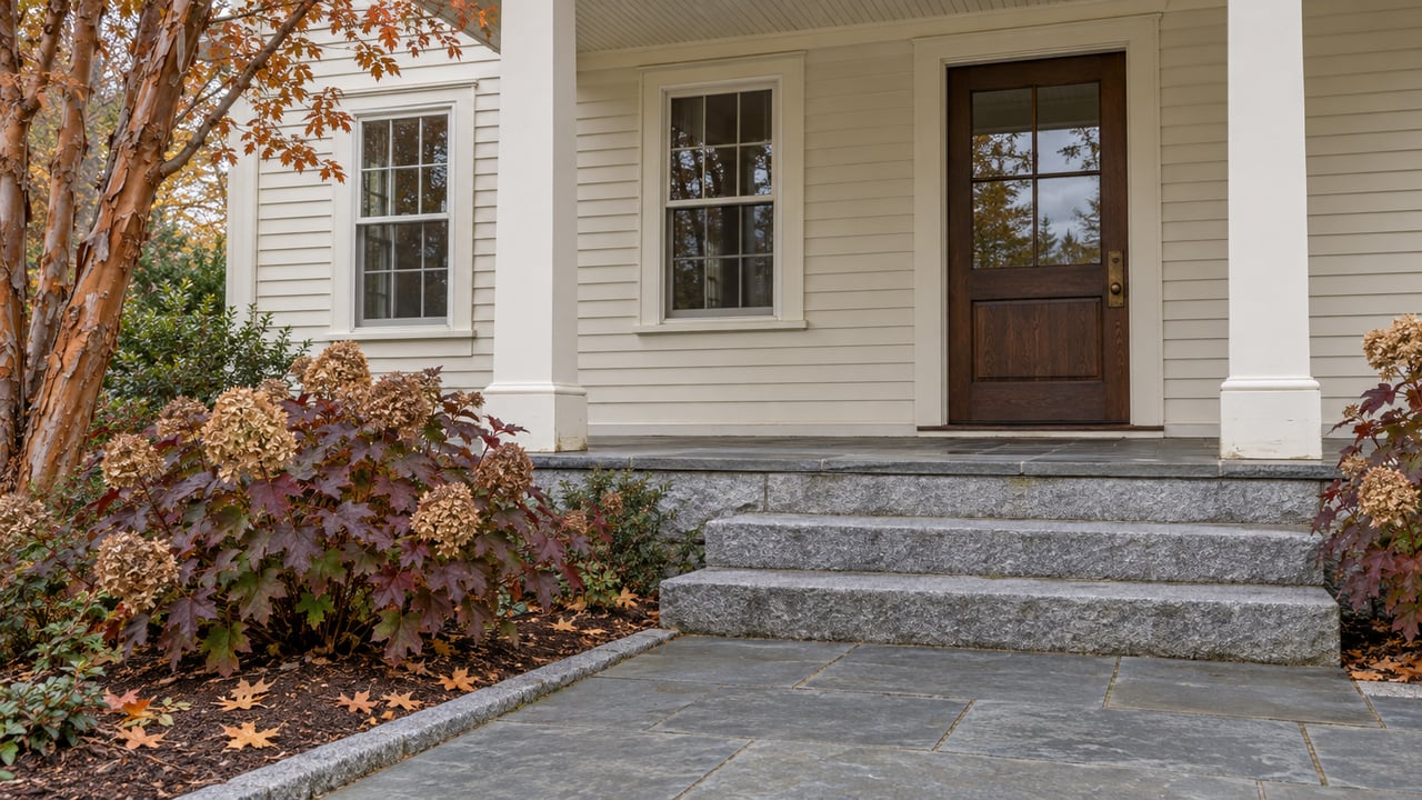 Ivory clapboard home with a covered bluestone porch, oak entry door, and autumn oakleaf hydrangeas beside granite steps.