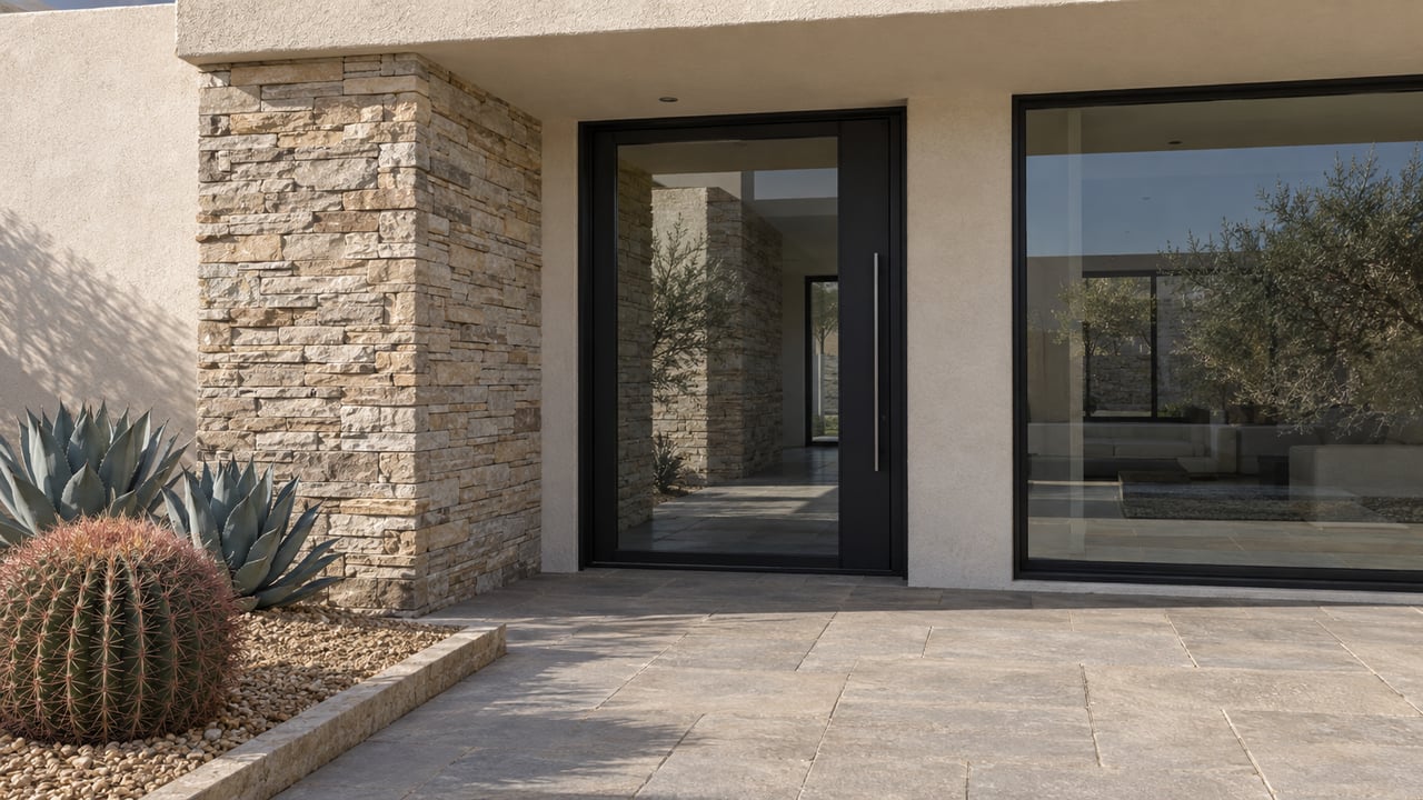 Close view of an ivory stucco home entrance with sandy stone veneer, a dark-framed glass door, gray-tan pavers and sculptural desert plants.