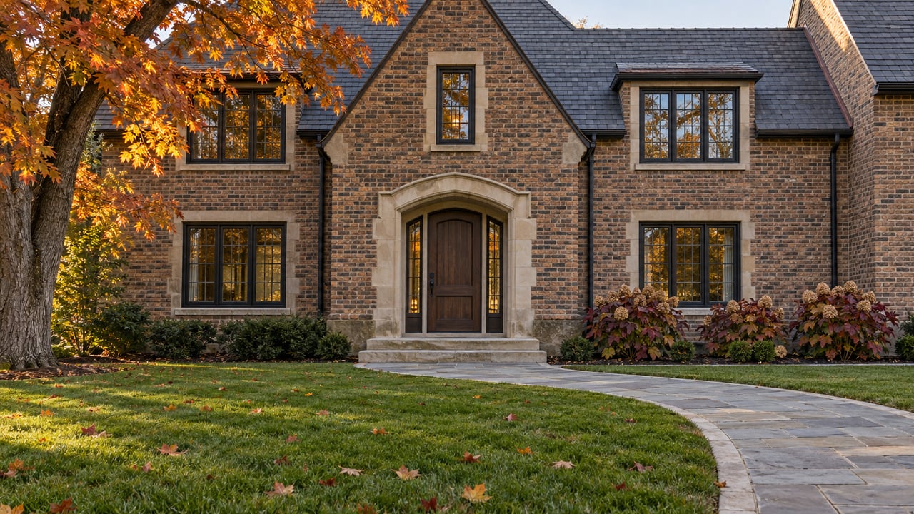 Brick and limestone home with steep slate gables, a deep autumn lawn, and an orange sugar maple beside the entrance.