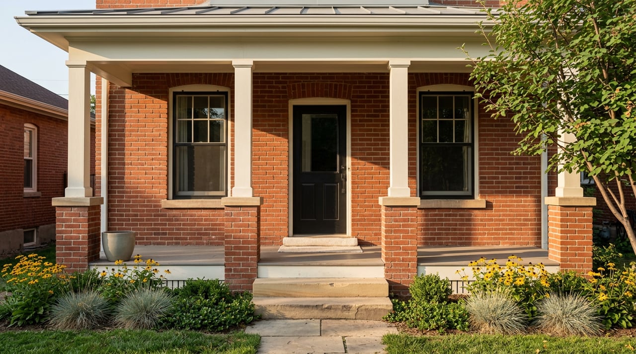 Historic red-brick home with black front door, sandstone steps, and a small planted yard.