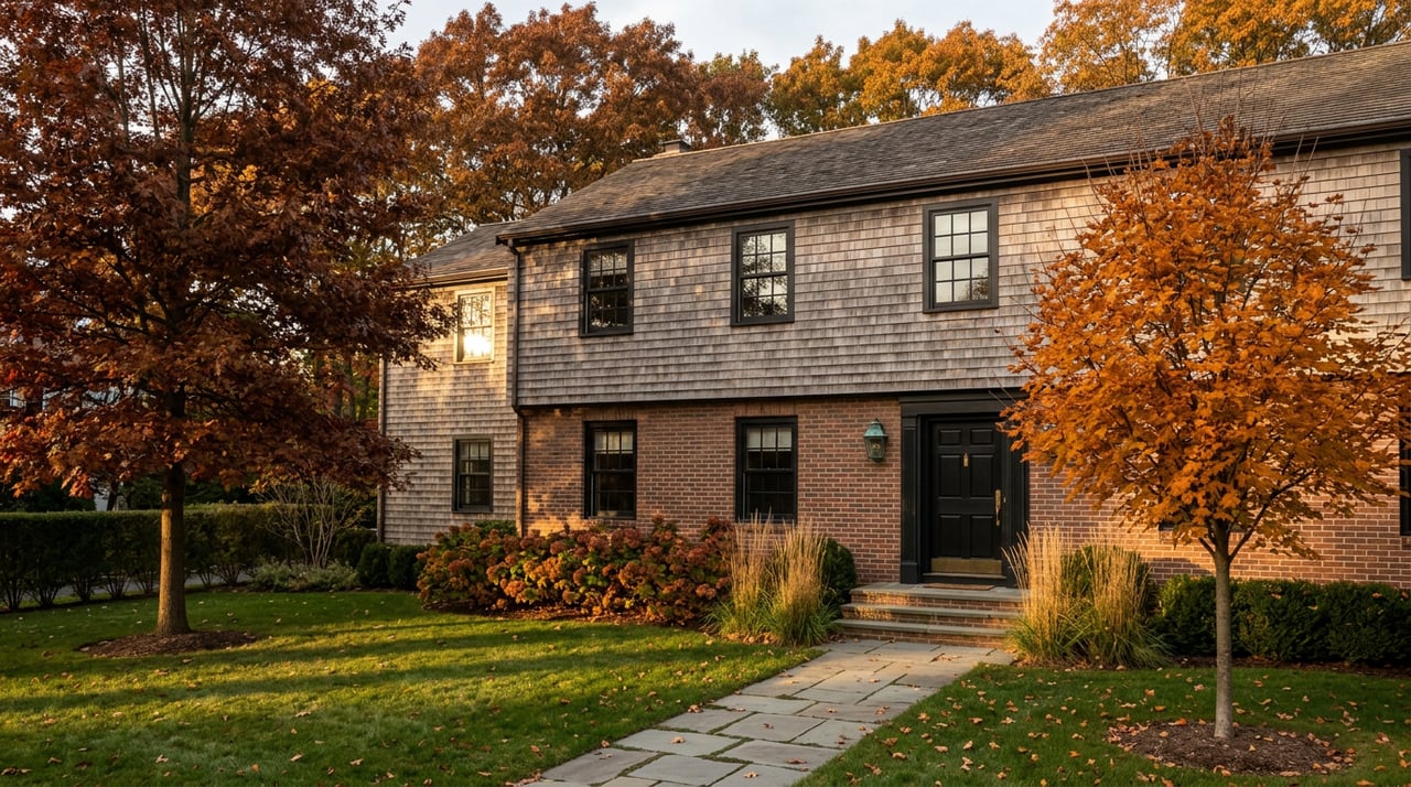 Two-story brick-and-shingle house with a deep lawn, bluestone walk, and autumn trees casting long shadows.