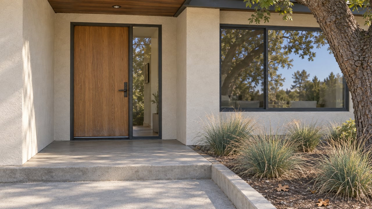 Sunlit stucco home entry with an oak door, dark-framed glazing, concrete steps and a planted bed beside an oak tree.