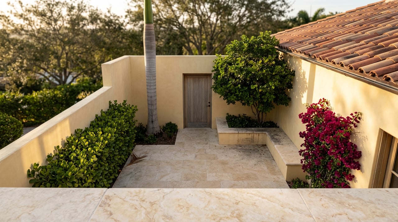 Private courtyard with ochre stucco walls, a weathered teak door, limestone bench, royal palm, and magenta bougainvillea.