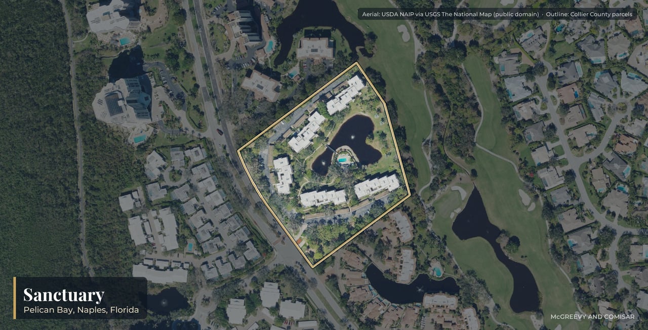 Aerial view of Sanctuary at Pelican Bay, Naples, Florida, with its parcels outlined