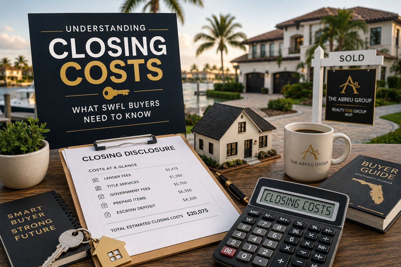 Closing disclosure, calculator, house model, keys, and buyer documents displayed in front of a luxury Southwest Florida waterfront home, illustrating Florida closing costs, escrow fees, lender fees, and home buying expenses.