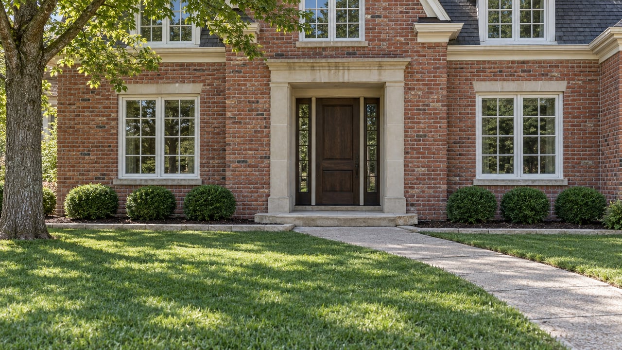 Red brick home with a limestone-framed oak entrance, paired white windows, deep green lawn and mature shade tree.