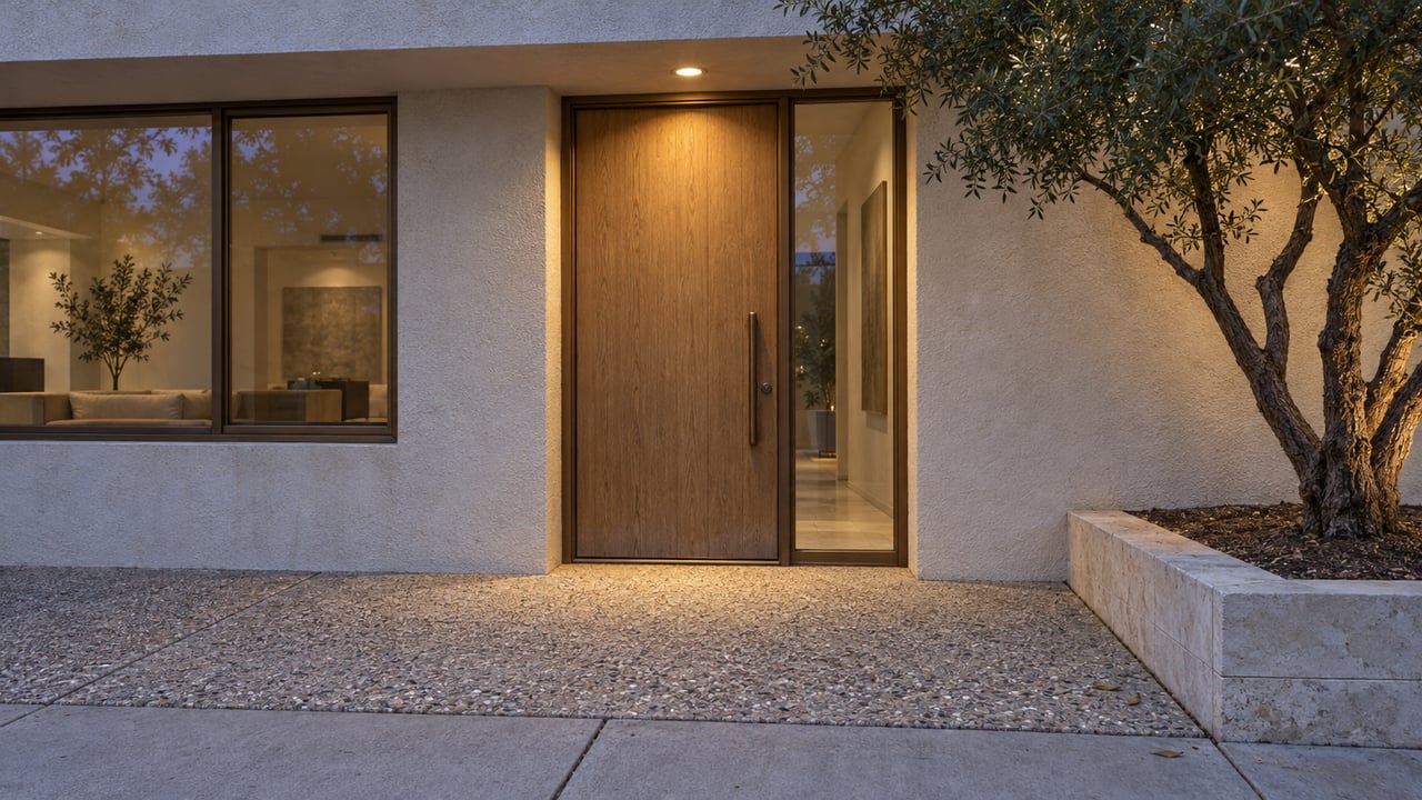 Condominium entrance at blue hour with an oak door, bronze-framed glazing, shell-aggregate paving, and a sculptural Texas ebony tree.
