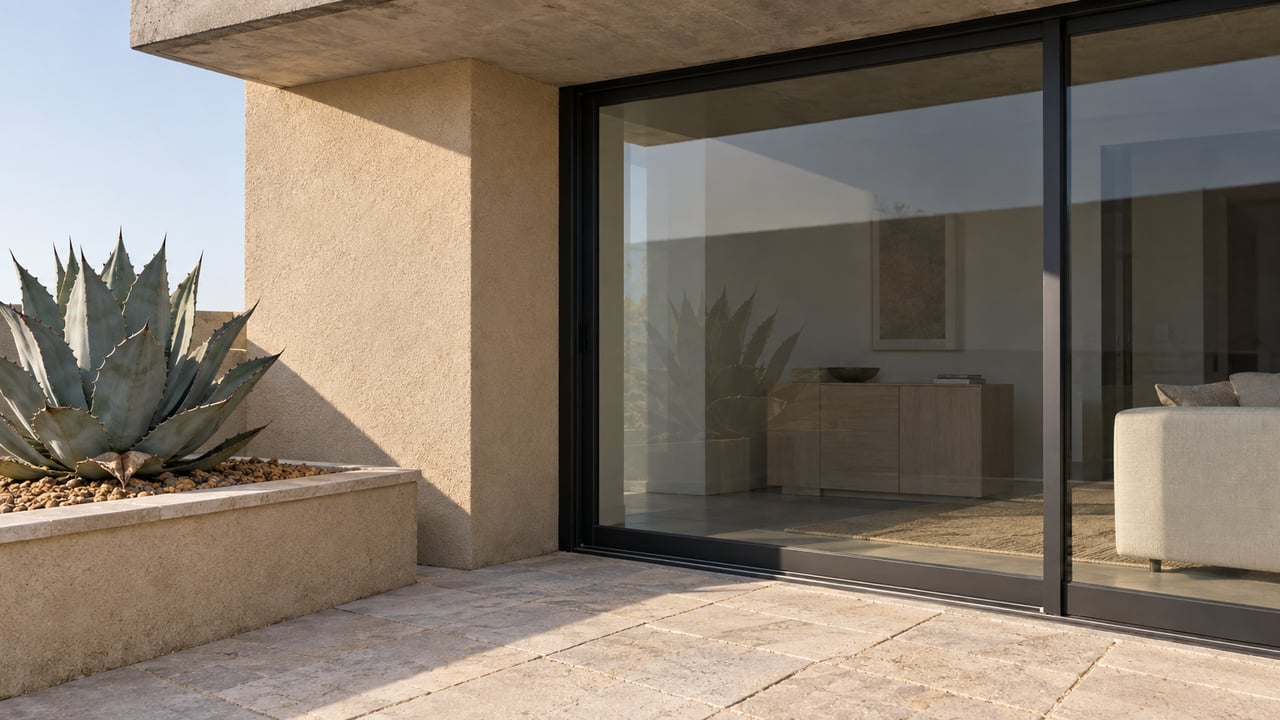 Modern home patio with a raised agave planter beside a black-framed sliding glass door.