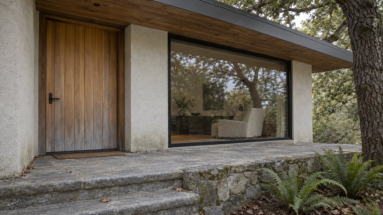 Weathered cedar entry beneath a broad wood overhang, with a large black-framed window, stone landing and mature oak beside the terrace.