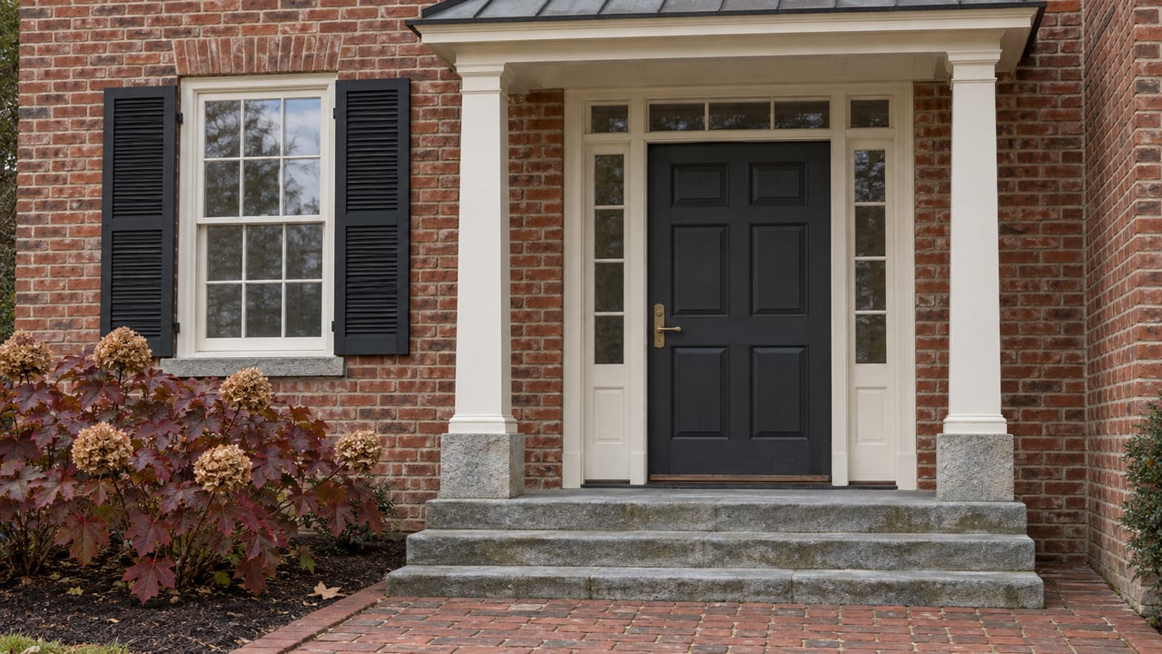Autumn light on a red-brick home's charcoal front door, ivory portico, sandstone steps and burgundy oakleaf hydrangea.