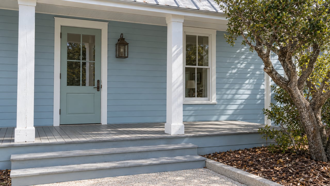 Powder-blue cottage entry with white porch posts, sea-glass door, worn gray steps and a sculptural sand live oak.