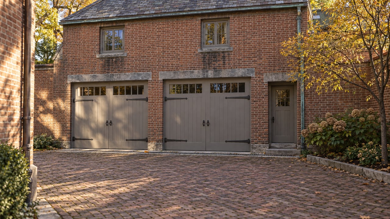 Detached red-brick carriage house with two timber vehicle doors, a side entrance, and slate roof across a paved court.