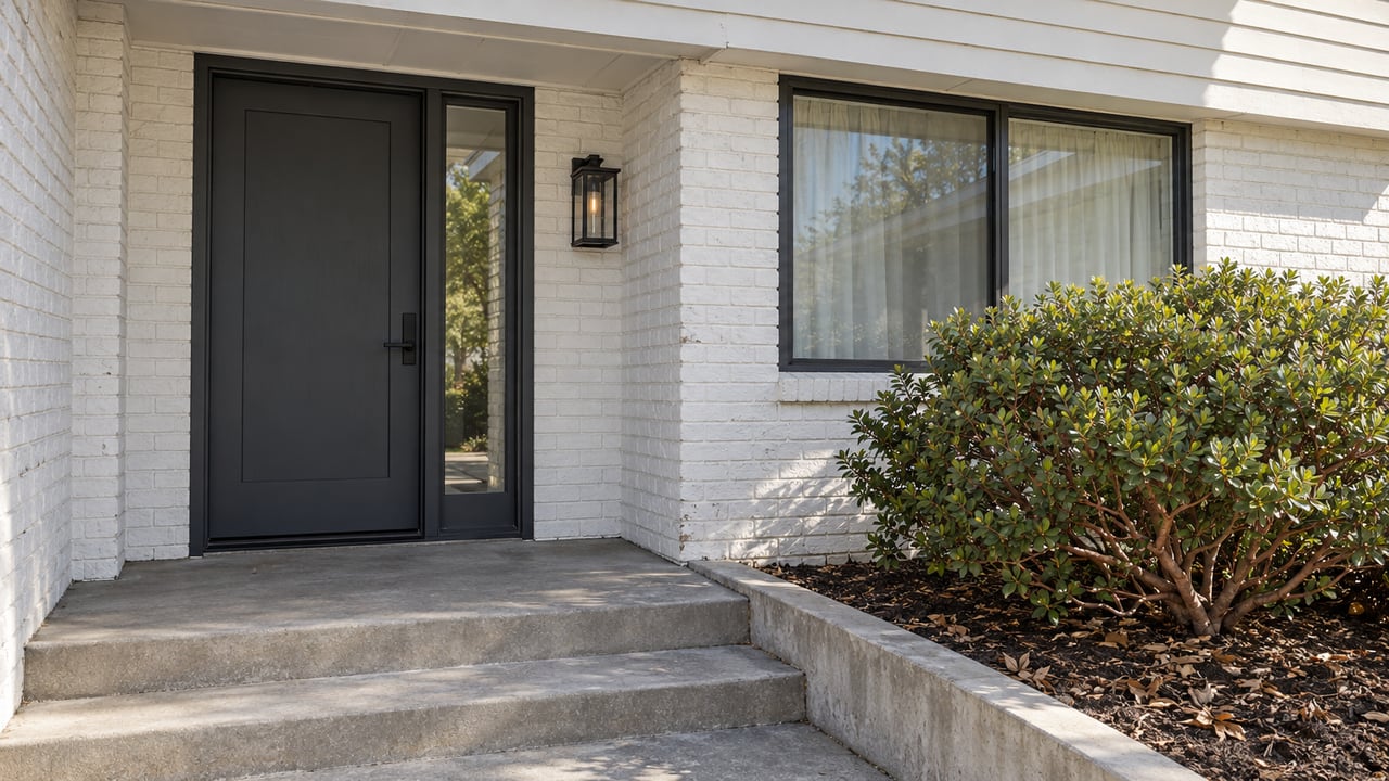 White-sided home entry with a charcoal door, painted brick, concrete steps and a red-barked manzanita shrub.