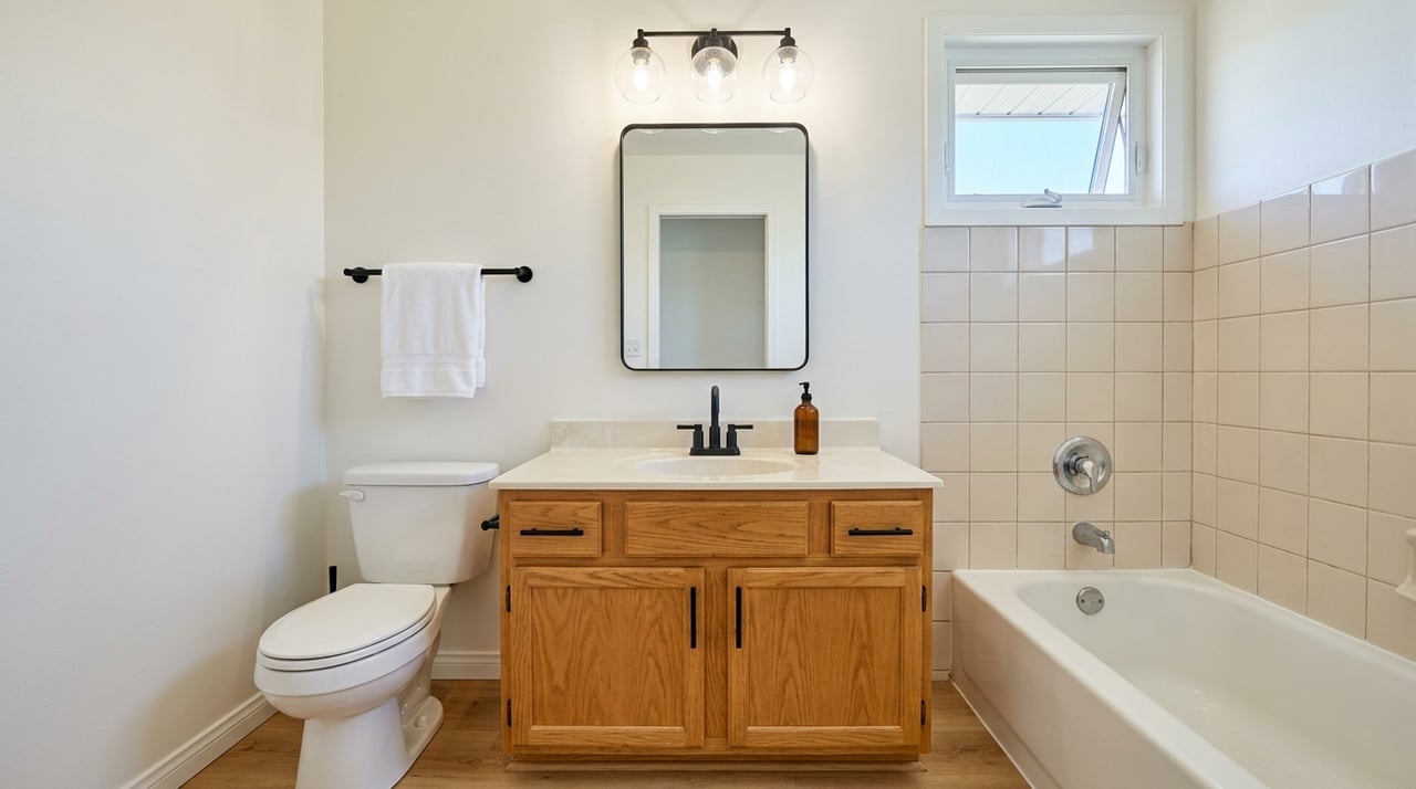 Compact hall bathroom with updated lighting and hardware, fresh paint, and original tile.