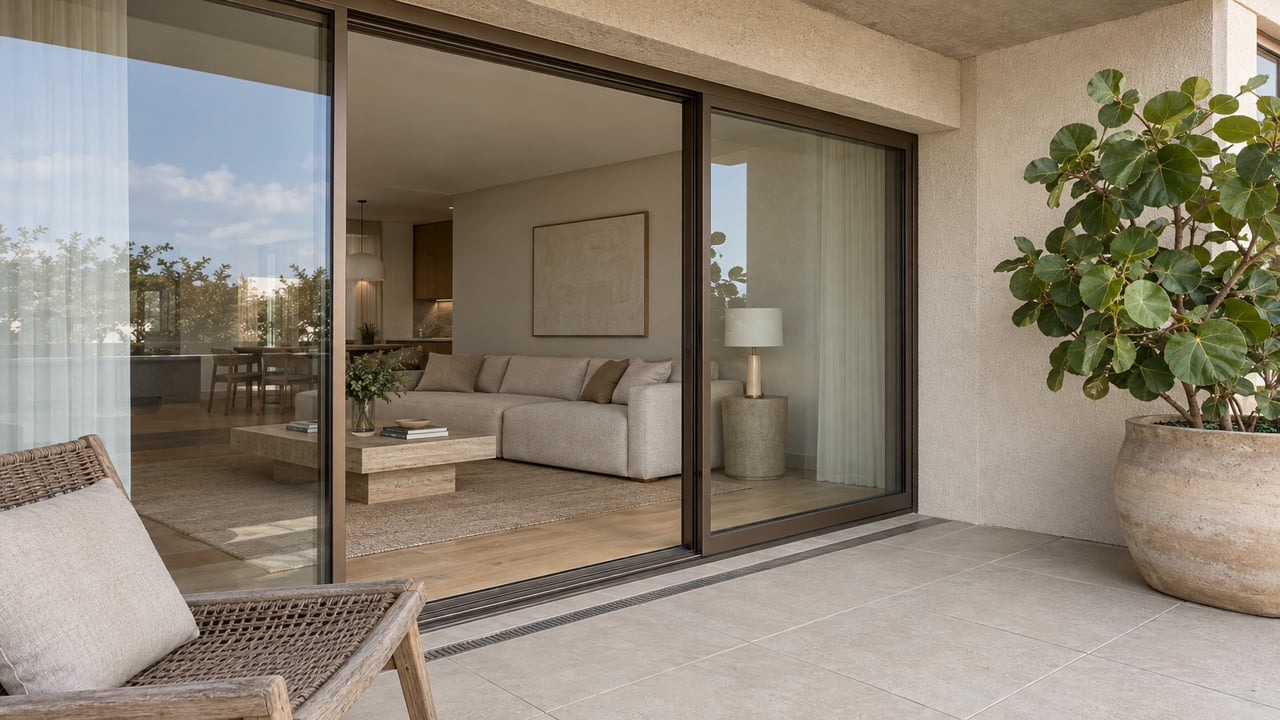 Covered condo terrace with cream stucco, bronze-framed glass doors, a woven teak chair and a potted sea-grape tree.