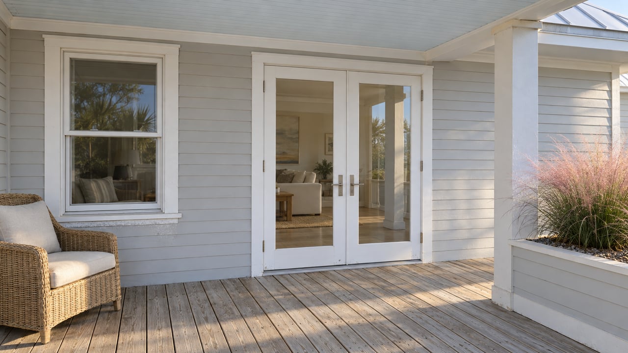 Sunlit elevated porch with weathered pine decking, pale lap siding, closed glass doors and pink muhly grass in a timber planter.