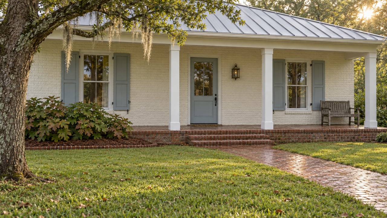 Cream painted-brick home with blue shutters, a deep brick porch and a live oak beside an open lawn.