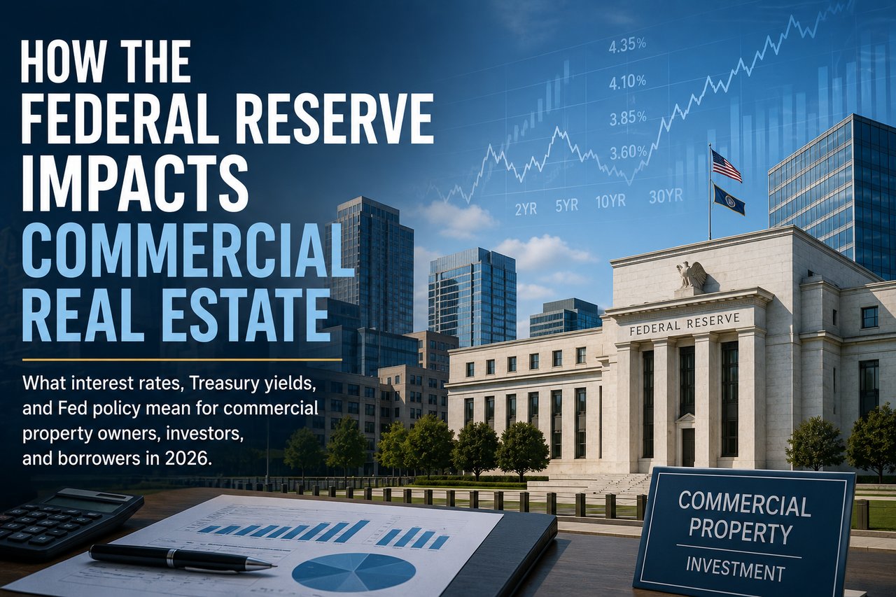 Graphic about Federal Reserve policy and commercial real estate, with a central bank building, rising chart, and investment sign.