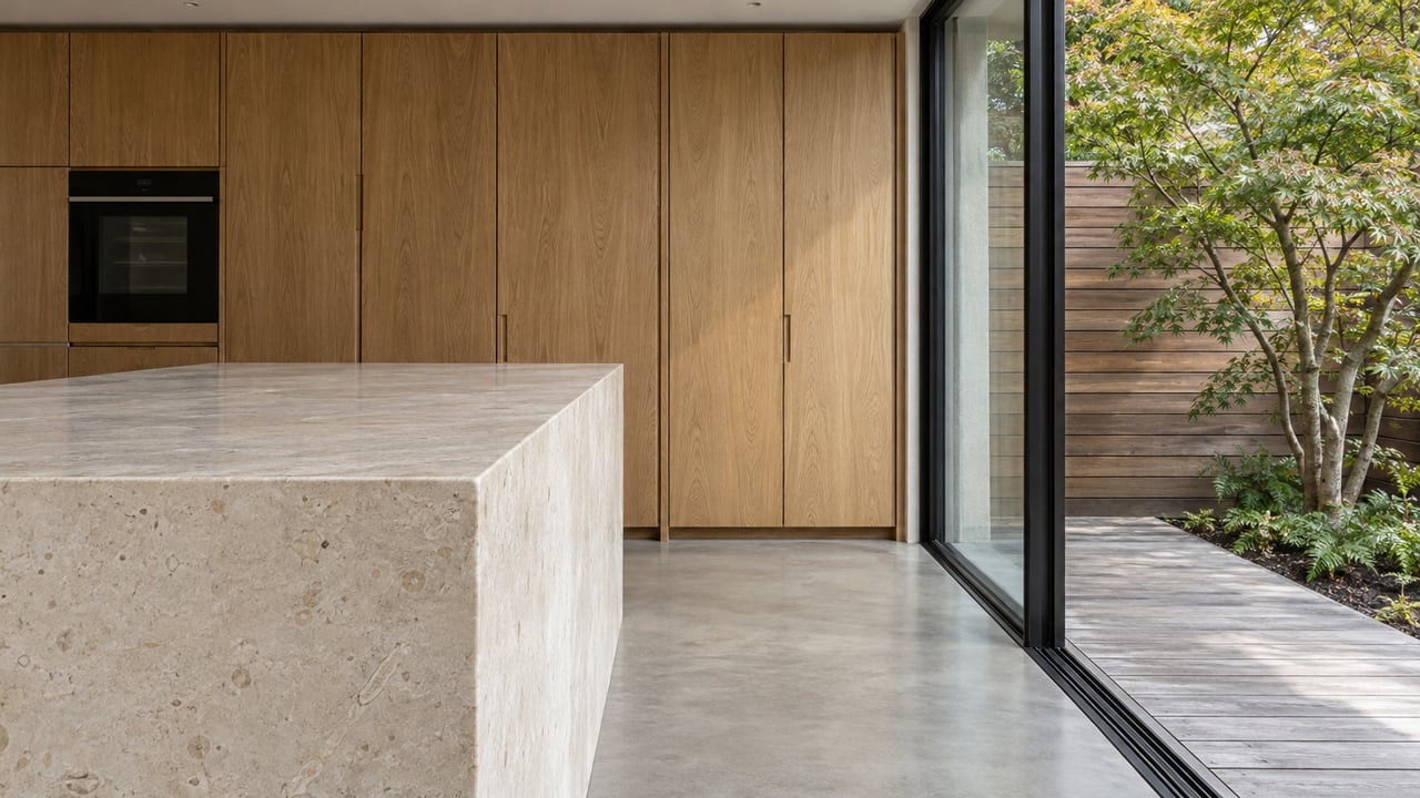 Pale limestone kitchen island and flush oak cabinetry beside black-framed glass overlooking a timber terrace and a branching vine maple.