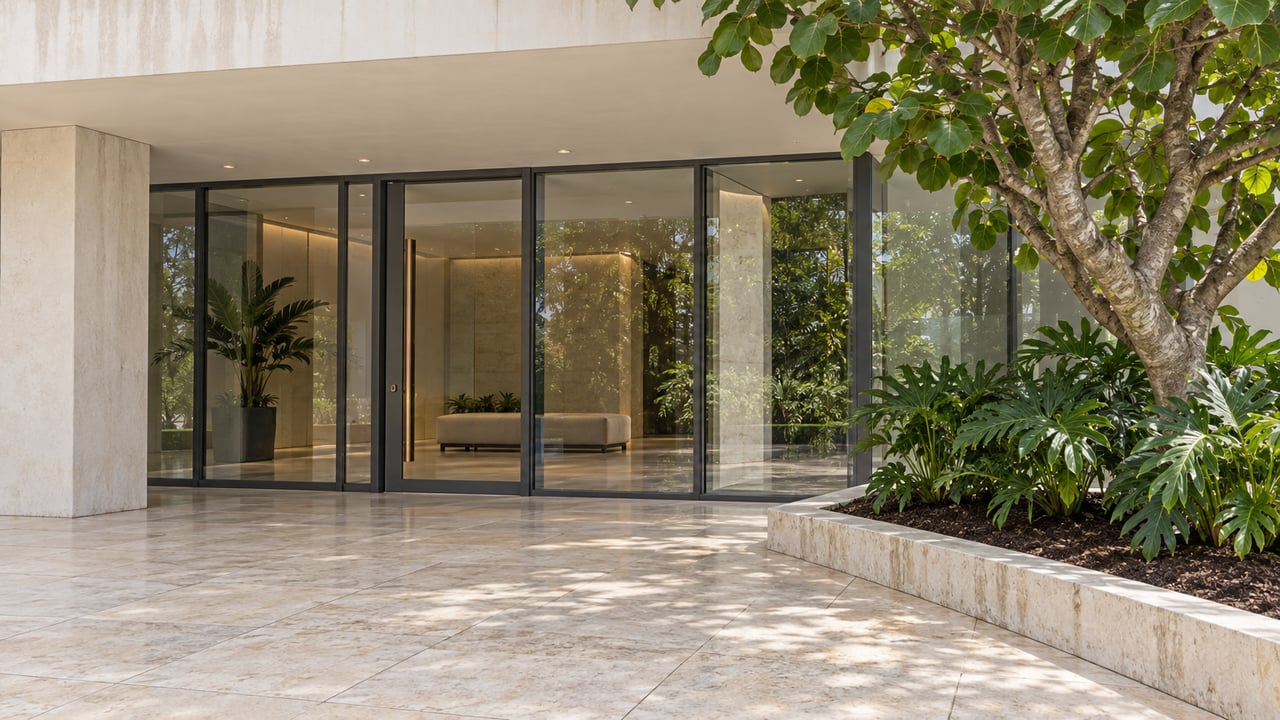 A shaded contemporary condominium entrance with ivory concrete, clear lobby glazing, limestone paving and a sculptural sea grape in a raised planting bed.