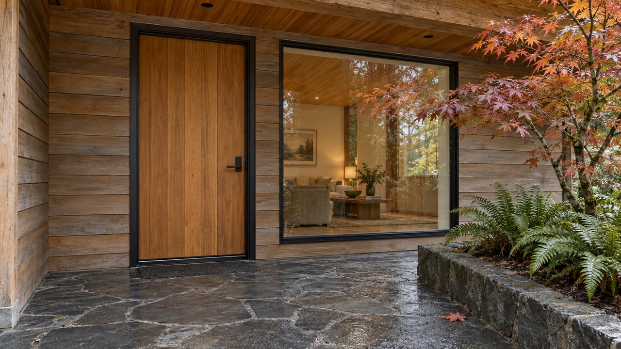 Sheltered cedar home entrance with black-framed glazing, a damp slate landing, and a vine maple above sword ferns.