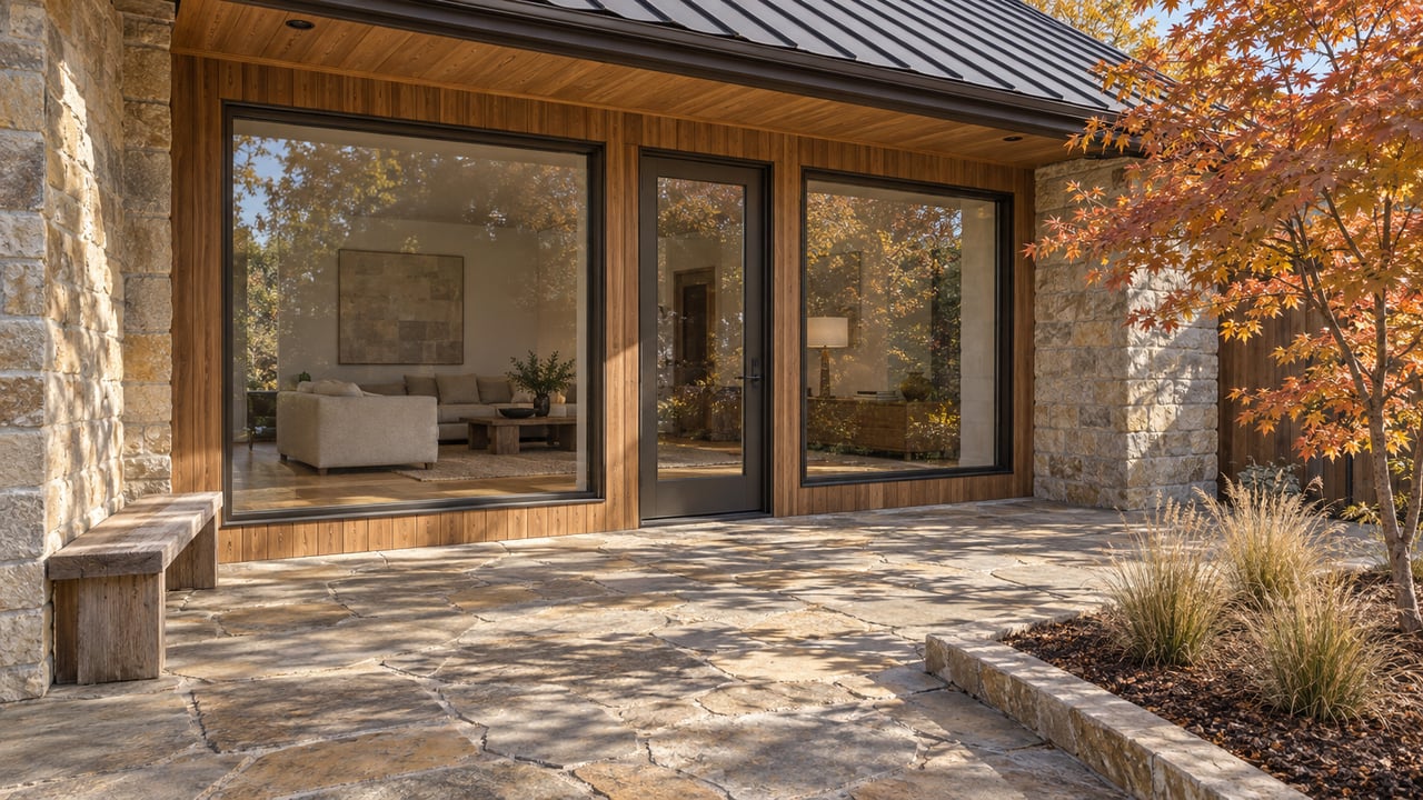 Cedar and sandstone home opening onto a stone terrace, with bronze-framed windows and a copper-leaved maple beside a low bench.
