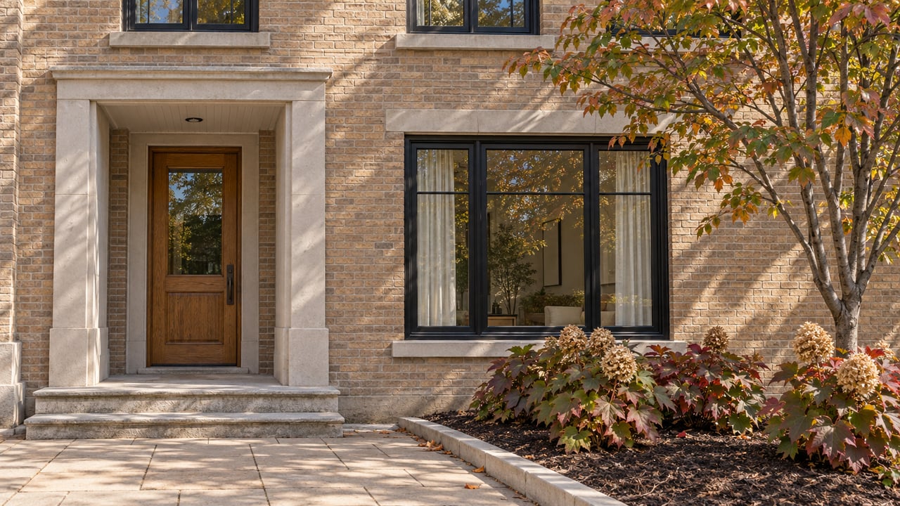 Buff-brick attached home with a limestone entry, oak door, large windows and autumn serviceberry and oakleaf hydrangea planting.