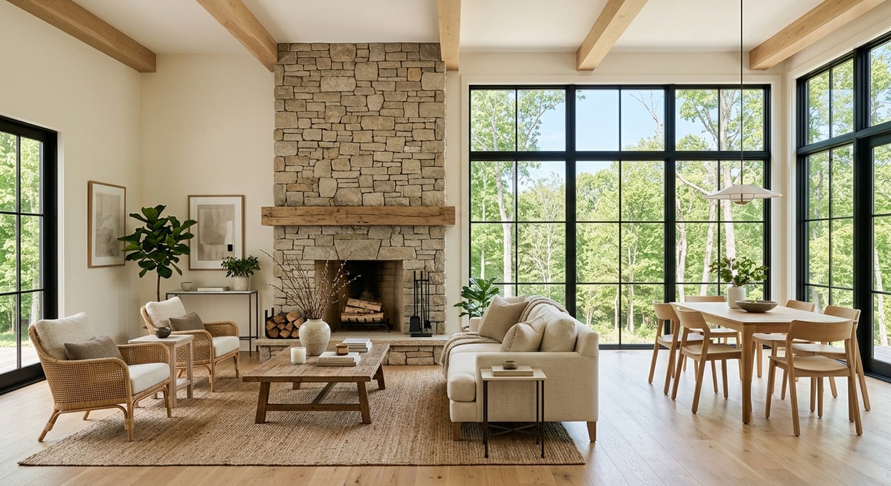 Living room with a limestone fireplace, gray sofa, oak coffee table, and tall windows overlooking greenery.