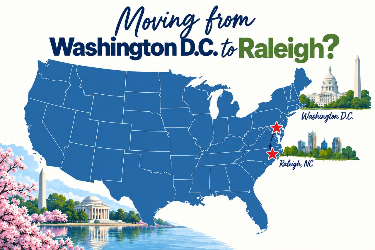 Map showing Washington D.C. connected to Cary, its closest match in the Triangle.