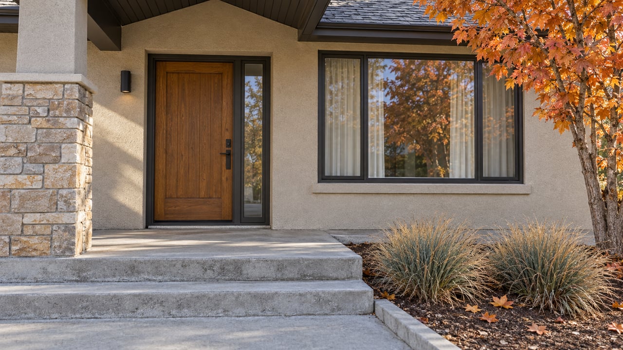 Sunlit stone and sand-colored stucco frame an oak front door beside a window and copper-orange maple, with broad concrete entry steps.