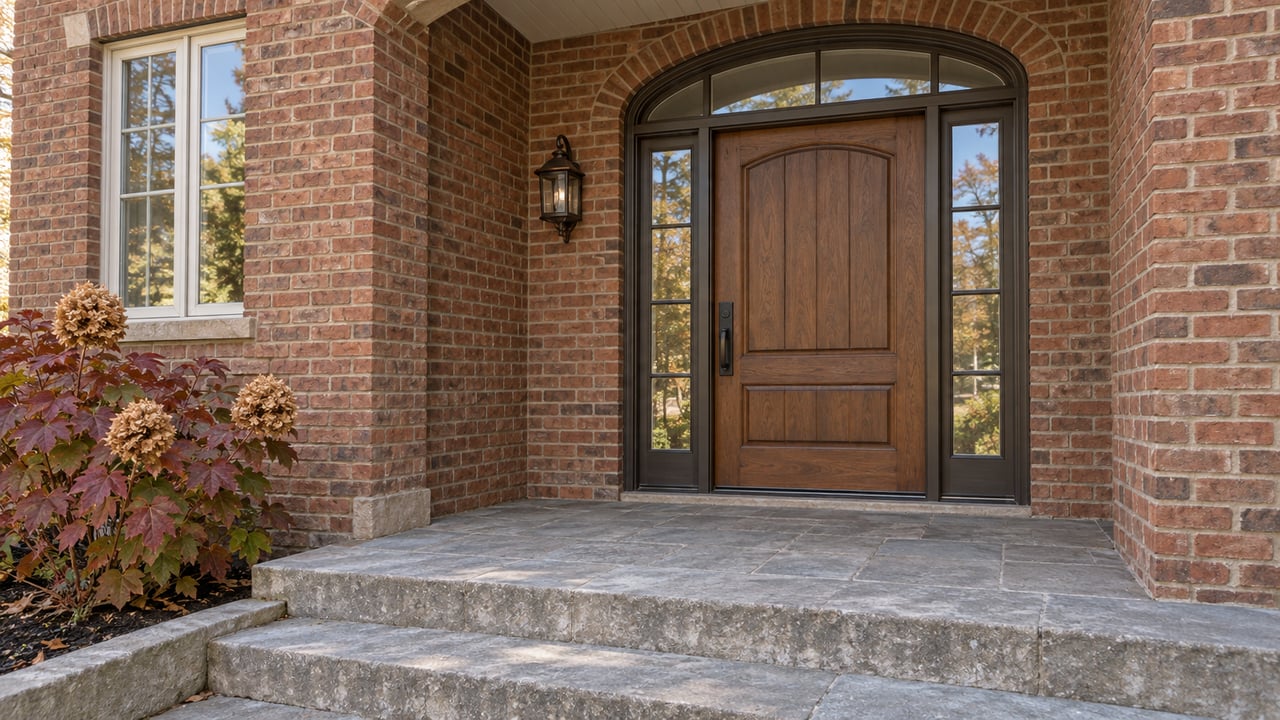 Sheltered oak front door with arched glazing, red-brown brick, limestone steps and autumn oakleaf hydrangea.