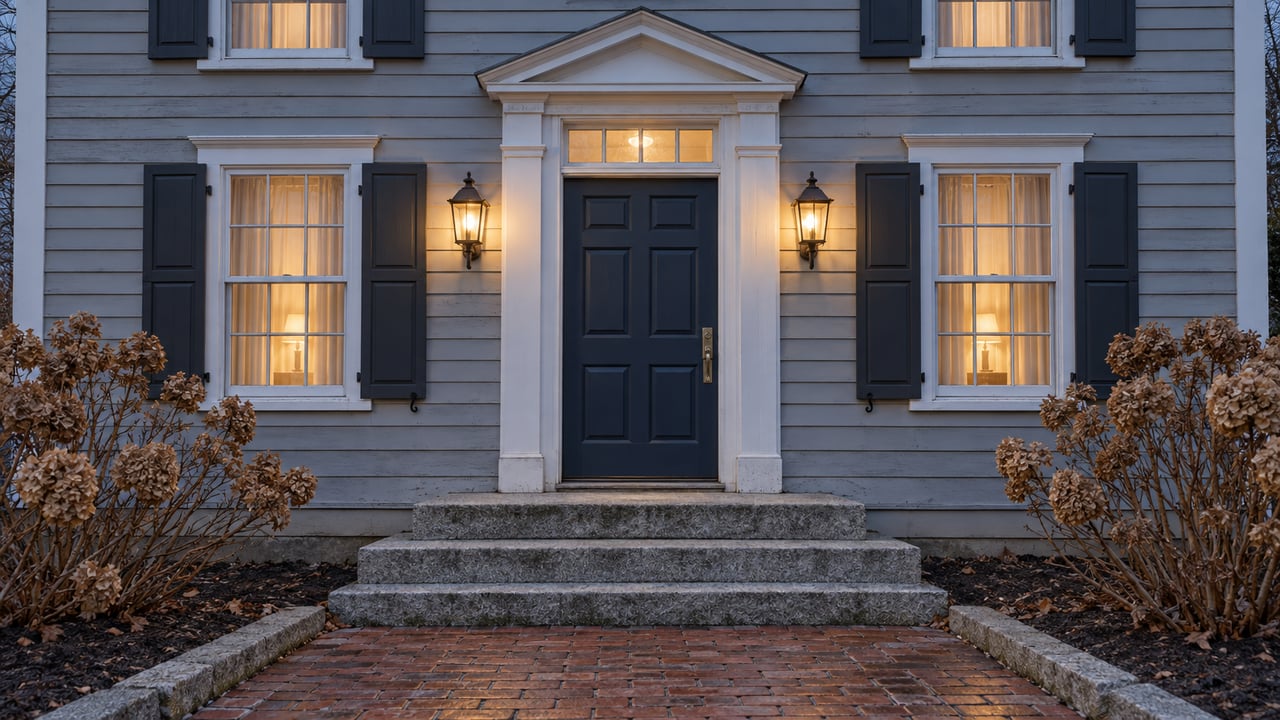 Gray clapboard home with a dark blue front door, warm entry lanterns, granite steps and weathered brick approach at dusk.