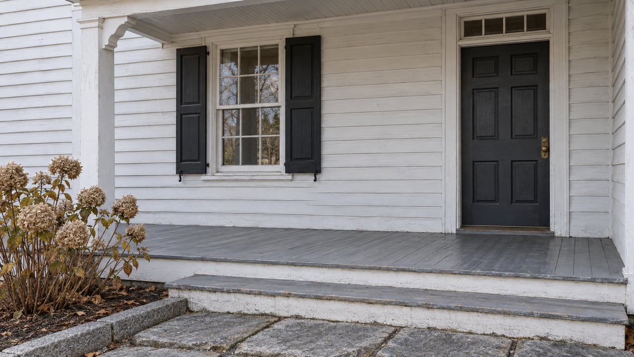 White clapboard farmhouse entrance with weathered gray porch steps, paired black shutters, and a granite approach beside dried hydrangea flowers.