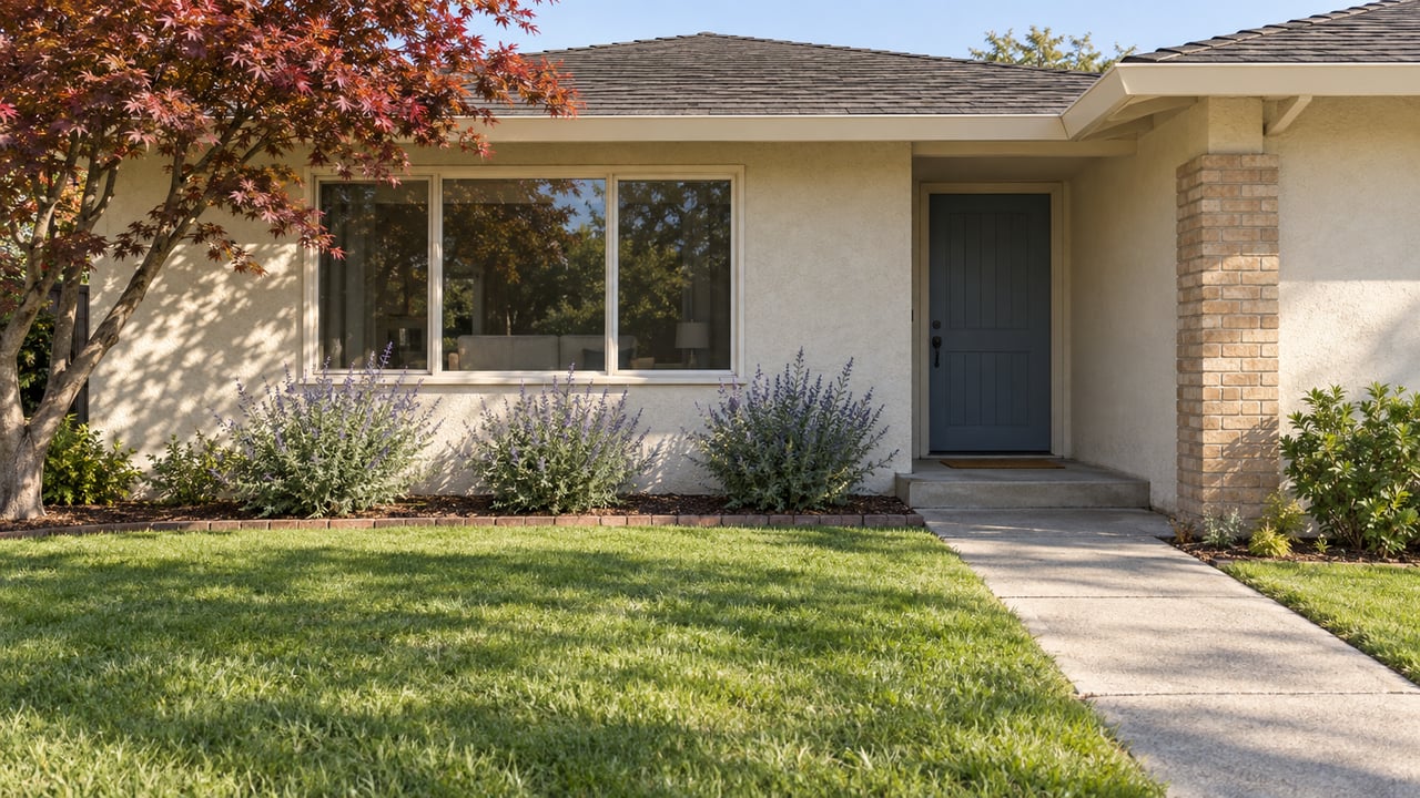 Single-story stucco home with a low roof, broad living-room window, recessed blue-gray front door and a concrete walk across an open lawn.