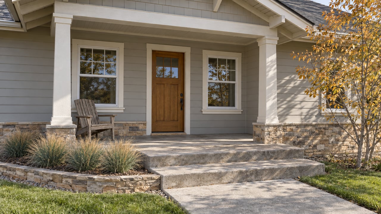 A light-gray house with a covered porch, wood front door, concrete steps and autumn serviceberry foliage.