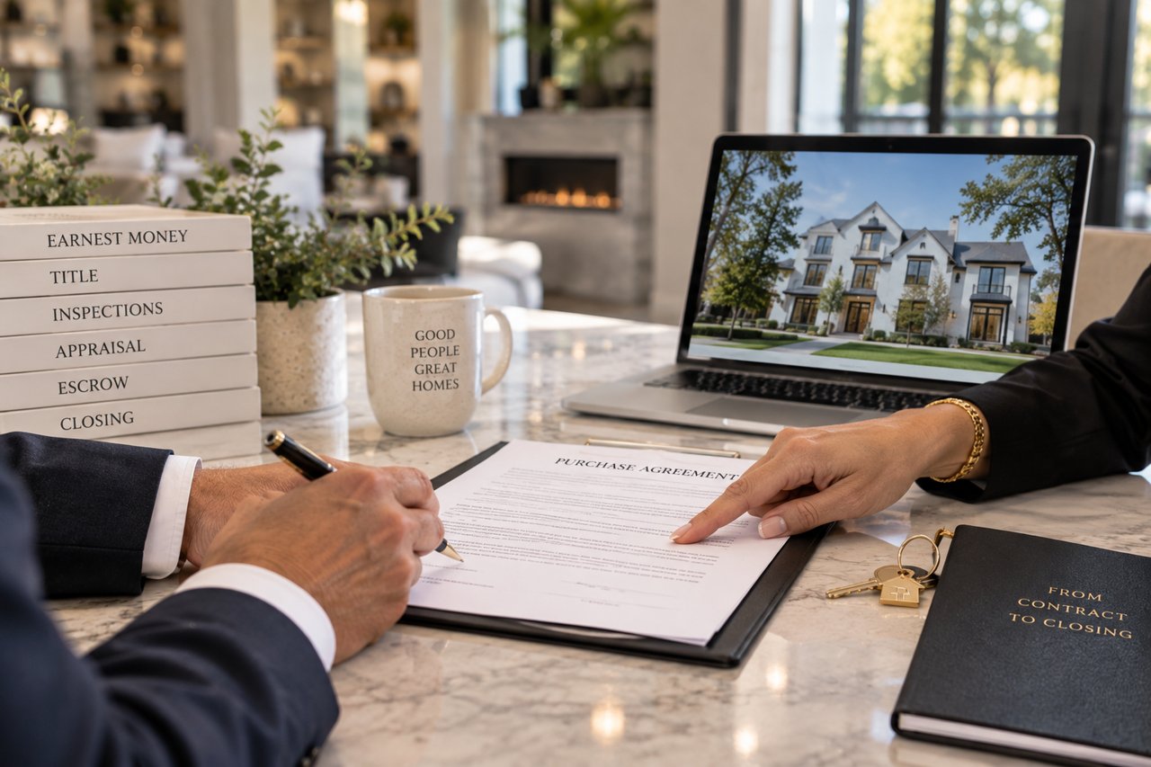 Luxury real estate transaction with a purchase agreement, home keys, and closing documents, illustrating the escrow process between going under contract and closing on a home.