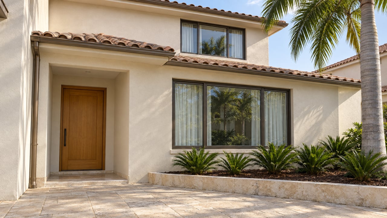 Sunlit ivory-stucco residence with bronze-framed windows, a recessed timber entry, pale pavers, and a royal palm.