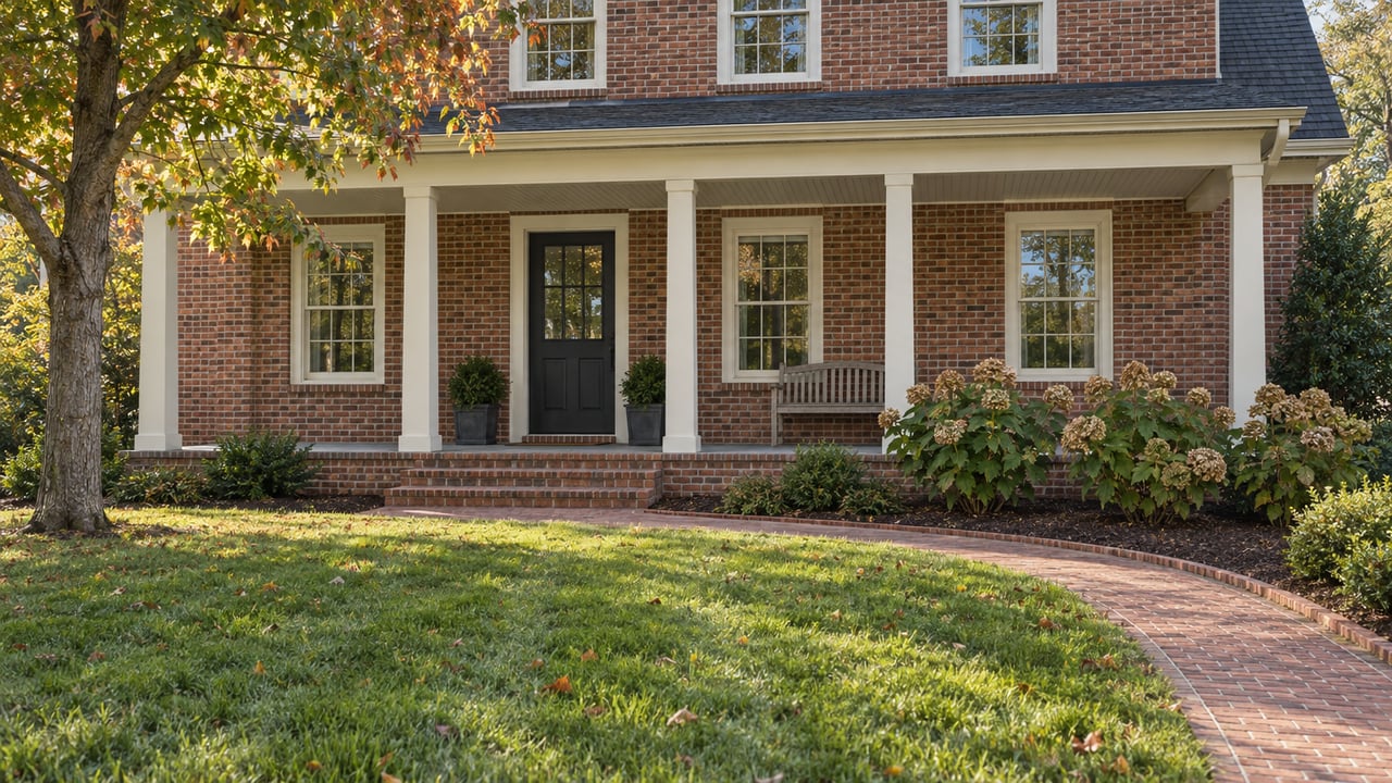 Brick home with an ivory-columned covered porch, curved brick walk, broad lawn and oakleaf hydrangeas in early-autumn morning light.