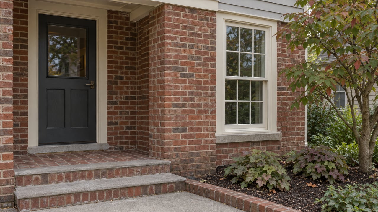 Close view of a traditional brick home's covered entry, cream-trimmed sash window and brick steps beside a small dogwood planting.